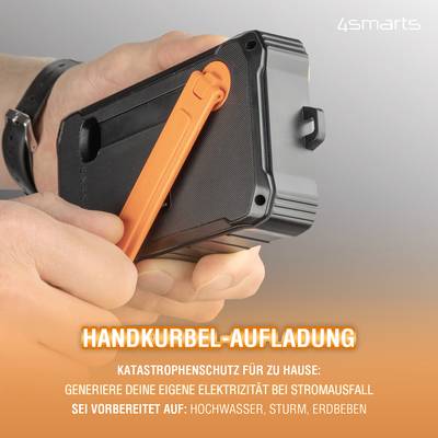 Zwei Hände halten ein Notfallradio mit Handkurbel. Text darunter: 'Handkurbel-Aufladung. Sei vorbereitet auf: Hochwasser, Sturm, Stromausfall.'