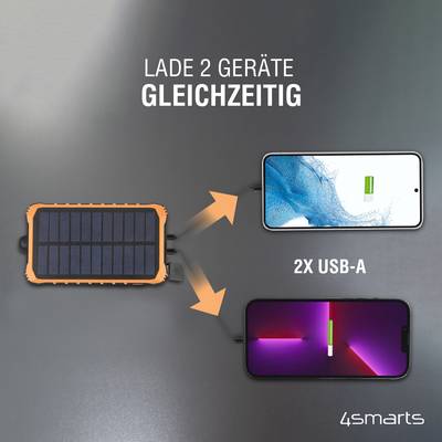 Solar-Powerbank lädt gleichzeitig zwei Geräte über USB-A. Oben: Smartphone mit blauem Bildschirm. Unten: Smartphone mit rotem Bildschirm.