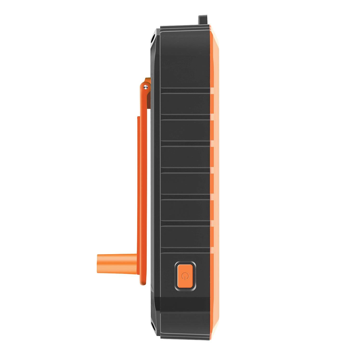 Schwarzes und orangenes Gerät in Seitenansicht mit sichtbarem Knopf und Griff, verwendet zur einfachen Handhabung und Bedienung.