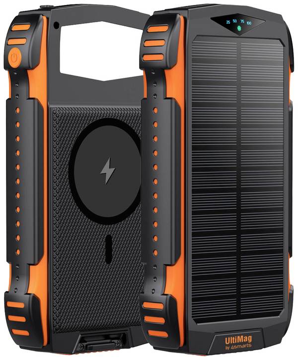 4Smarts TitanPack UltiMag Solar Powerbank 20000 mAh USB PD 3.0, Qi Wireless Charging, Quick Charge 3.0 LiPo Wireless Charging, USB-A Schwarz, Orange LED Taschenlampe, Outdoor
