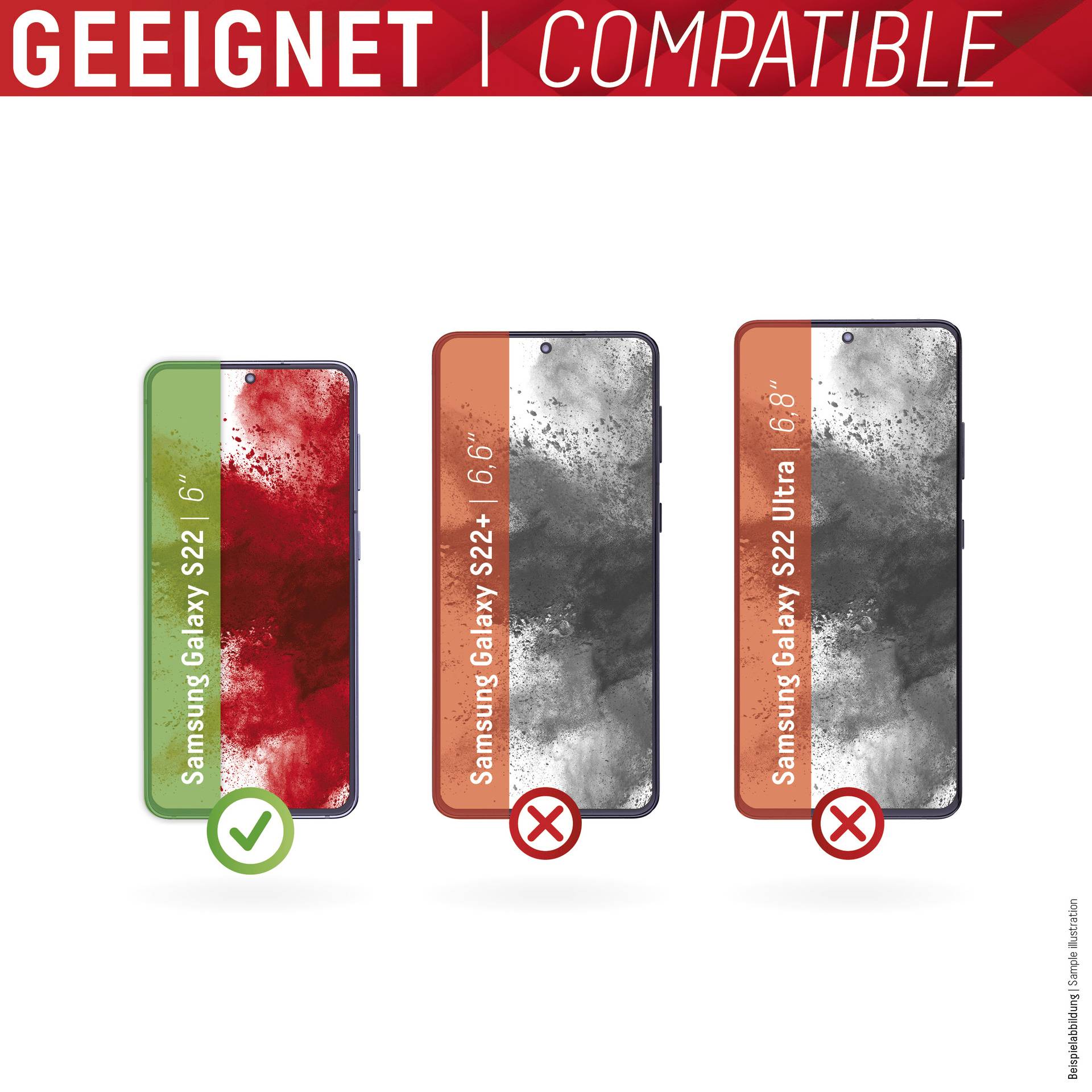 'GEGEEIGNET | COMPATIBLE' oben. Drei Samsung-Handys: Galaxy S22, S22+, S22 Ultra. Nur S22 hat Haken als kompatibel.