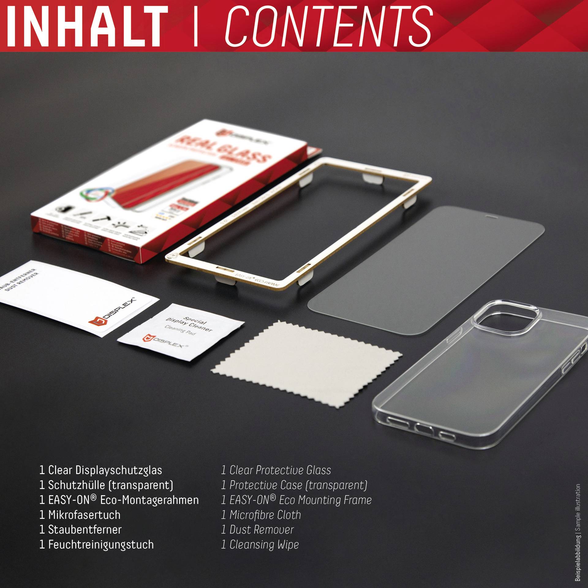 'INHALT': Verpackung mit Display-Schutzglas, Schutzschale, Montage-Rahmen, Mikrofasertuch, Staubentferner, Reinigungstuch.