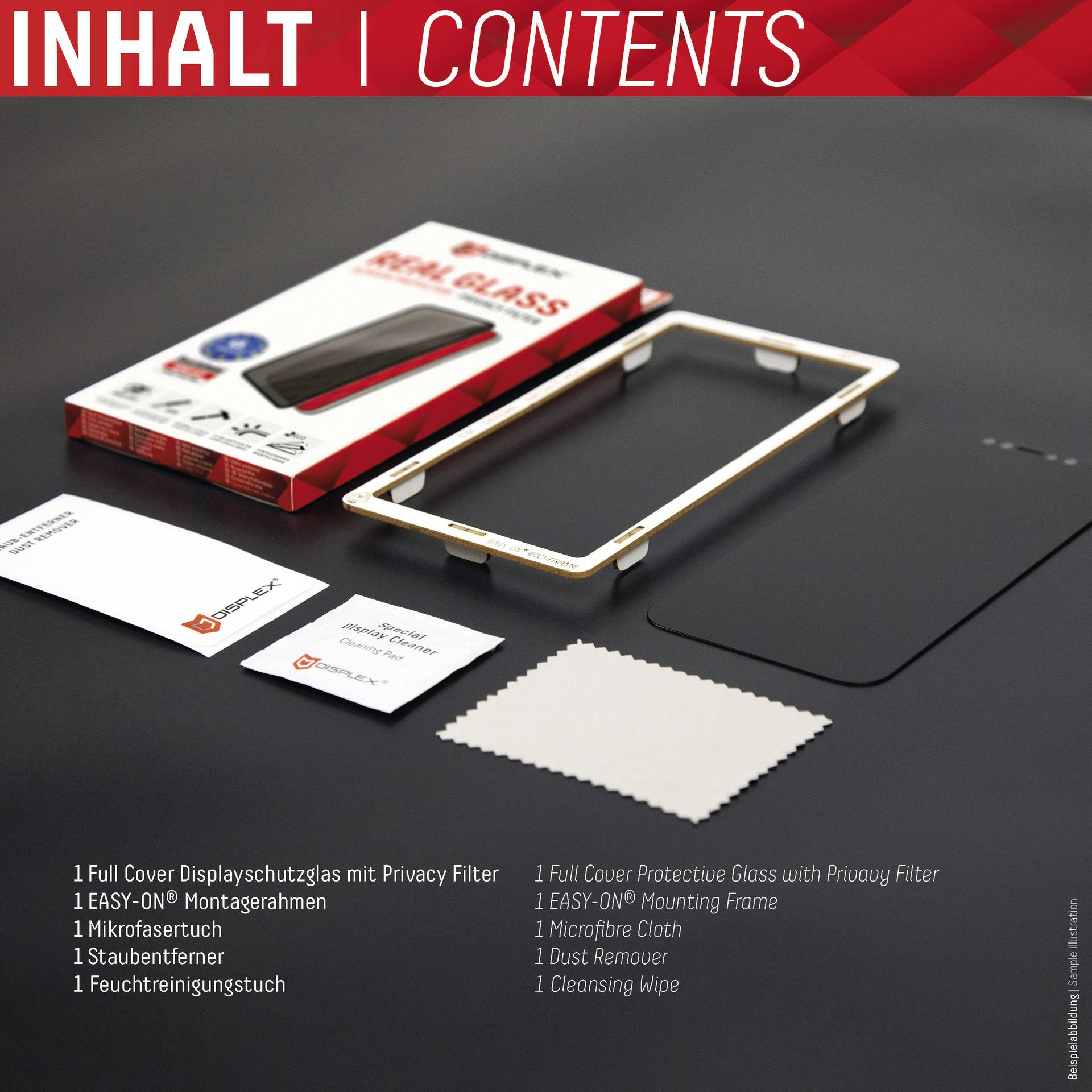 'INHALT | CONTENTS' zeigt Zubehör für ein Display-Schutzglas, darunter Rahmen, Mikrofasertuch, Staubentferner, Reinigungstuch und Anleitung.