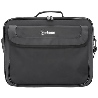 Eine schwarze Laptoptasche mit Tragegriff und Schulterriemen. Die Marke 'Manhattan' ist auf einem Frontfach aufgedruckt.