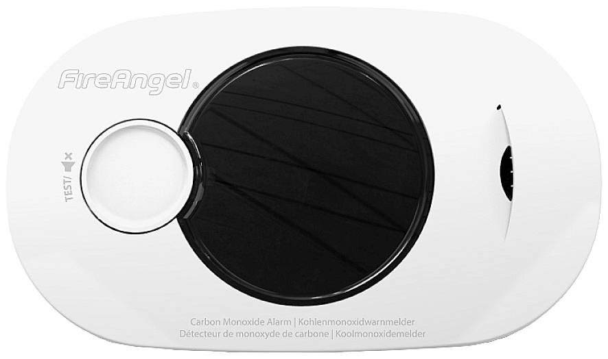 Kohlenmonoxidmelder 'FireAngel' mit Testknopf. Hauptsensor groß und zentral positioniert.