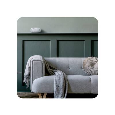 Ein modernes Wohnzimmer mit einem grauen Sofa, über das eine Decke gelegt ist, und einem runden Kissen. An der Wand hängt ein kleines Gerät.