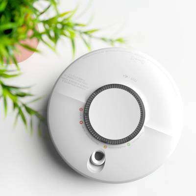 Ein weißer Rauchmelder an der Decke neben einer grünen Pflanze.