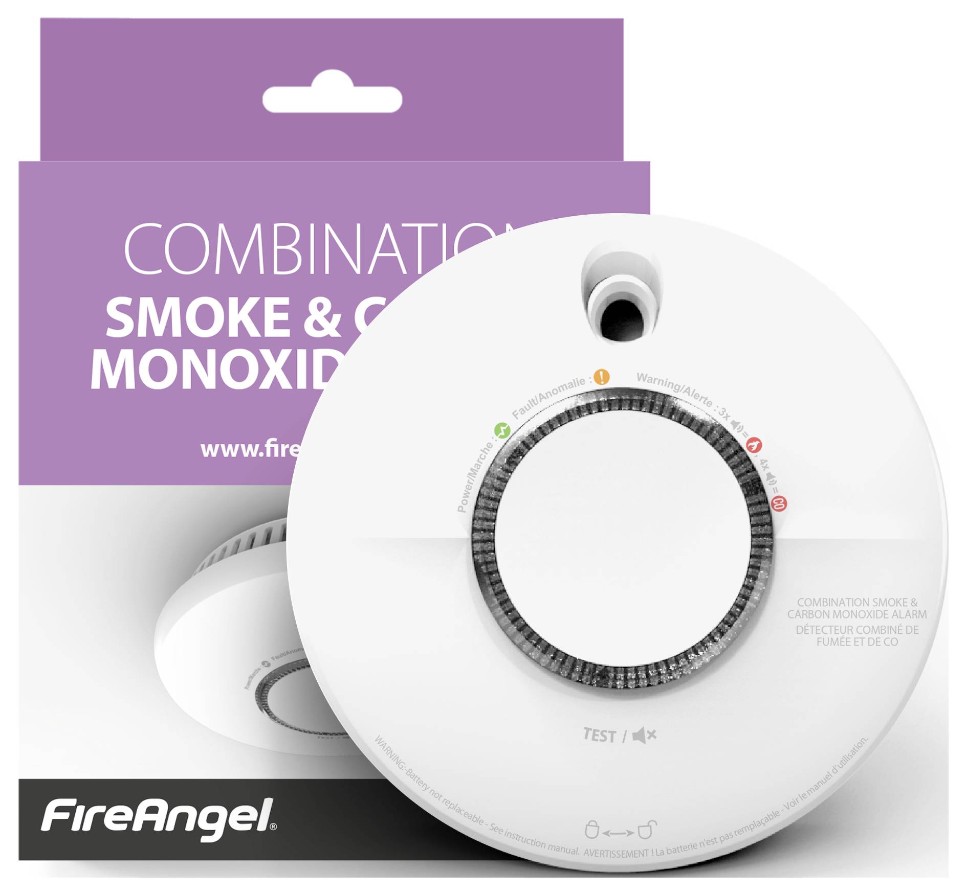 Ein Kombinationsrauch- und Kohlenmonoxidmelder vor seiner Verpackung. Zeigt das Design und den Markenname 'FireAngel'.