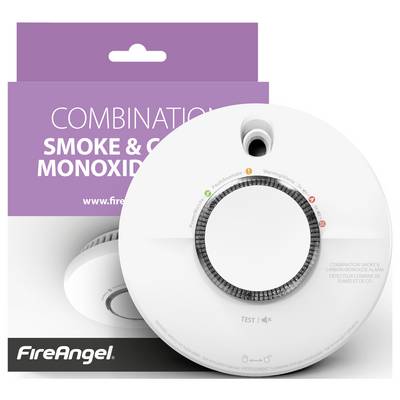 Ein Kombinationsrauch- und Kohlenmonoxidmelder vor seiner Verpackung. Zeigt das Design und den Markenname 'FireAngel'.