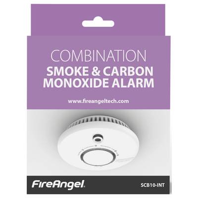 Kombinationsmelder für Rauch und Kohlenmonoxid von FireAngel. Zeigt Produktverpackung mit Produktabbildung und Website-URL.