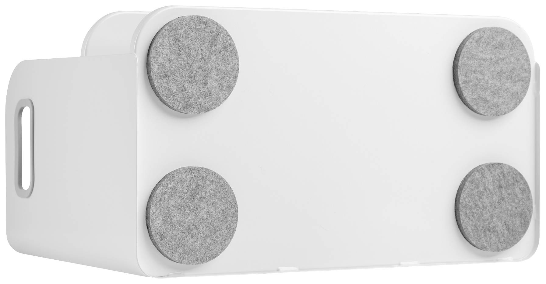 Weiße Box mit zwei Griffen, auf der Unterseite vier graue Filzfüße, die Oberflächen schützen oder für Stabilität sorgen.