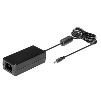Schwarzes Netzteil mit Kabel und rundem Anschlussstecker, geeignet für elektronische Geräte.