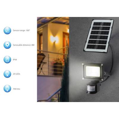 Bewegungsmelder mit Solarpanel und 20 LEDs beleuchtet nachts einen Hauseingang. Reichweite: 180 Grad, Abstand: 8m, Helligkeit: 700 Lumen.
