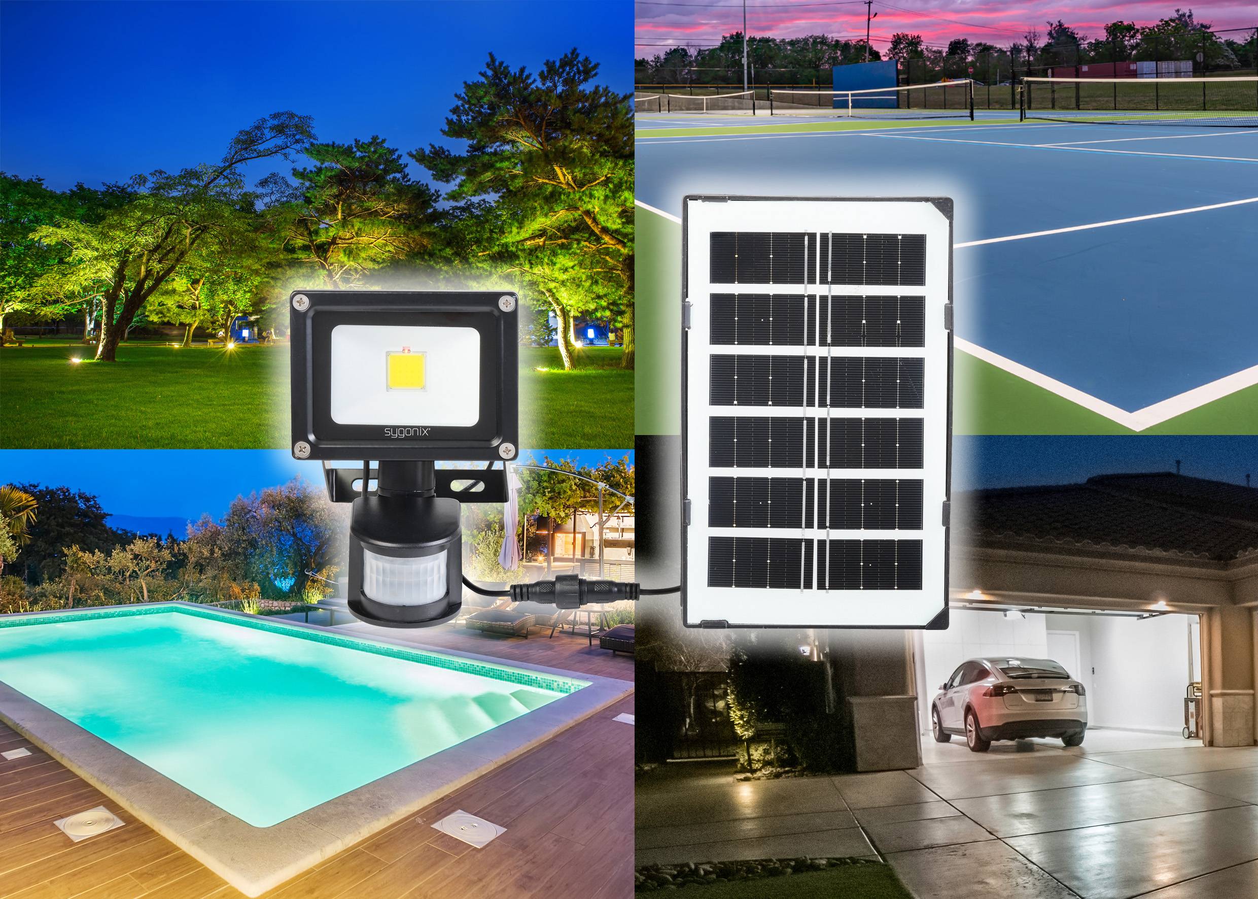 'Nachtbilder von mit Sonnenkollektoren beleuchteten Bereichen: Park, Tennisplatz, Pool und Garage. Zeigt die Vielseitigkeit von Solarleuchten.'