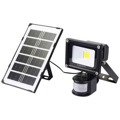 Solarmodul und LED-Strahler mit Bewegungssensor auf weißen Hintergrund. Geeignet für energieeffiziente Außenbeleuchtung.