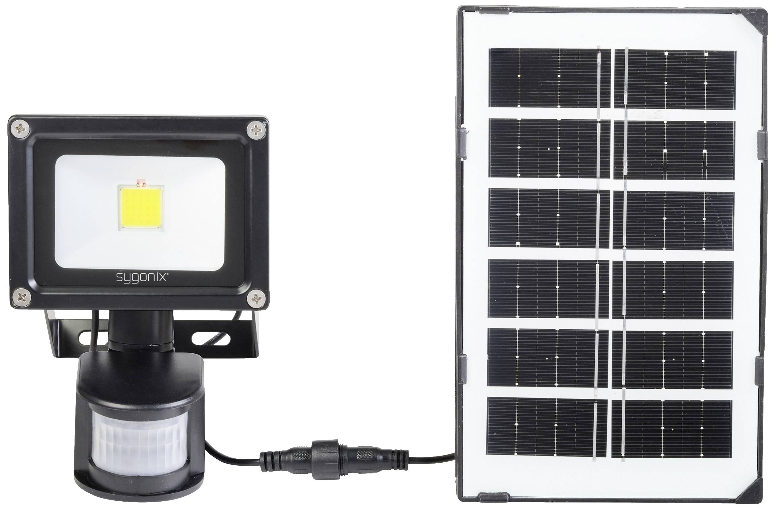 Solarbetriebener Flutlichtstrahler mit Bewegungssensor links und Solarpanel rechts. Verbundenes Kabel in der Mitte. Ideal für Außenbereich.