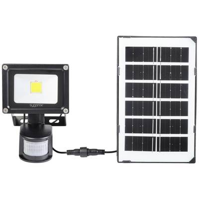 Solarbetriebener Flutlichtstrahler mit Bewegungssensor links und Solarpanel rechts. Verbundenes Kabel in der Mitte. Ideal für Außenbereich.