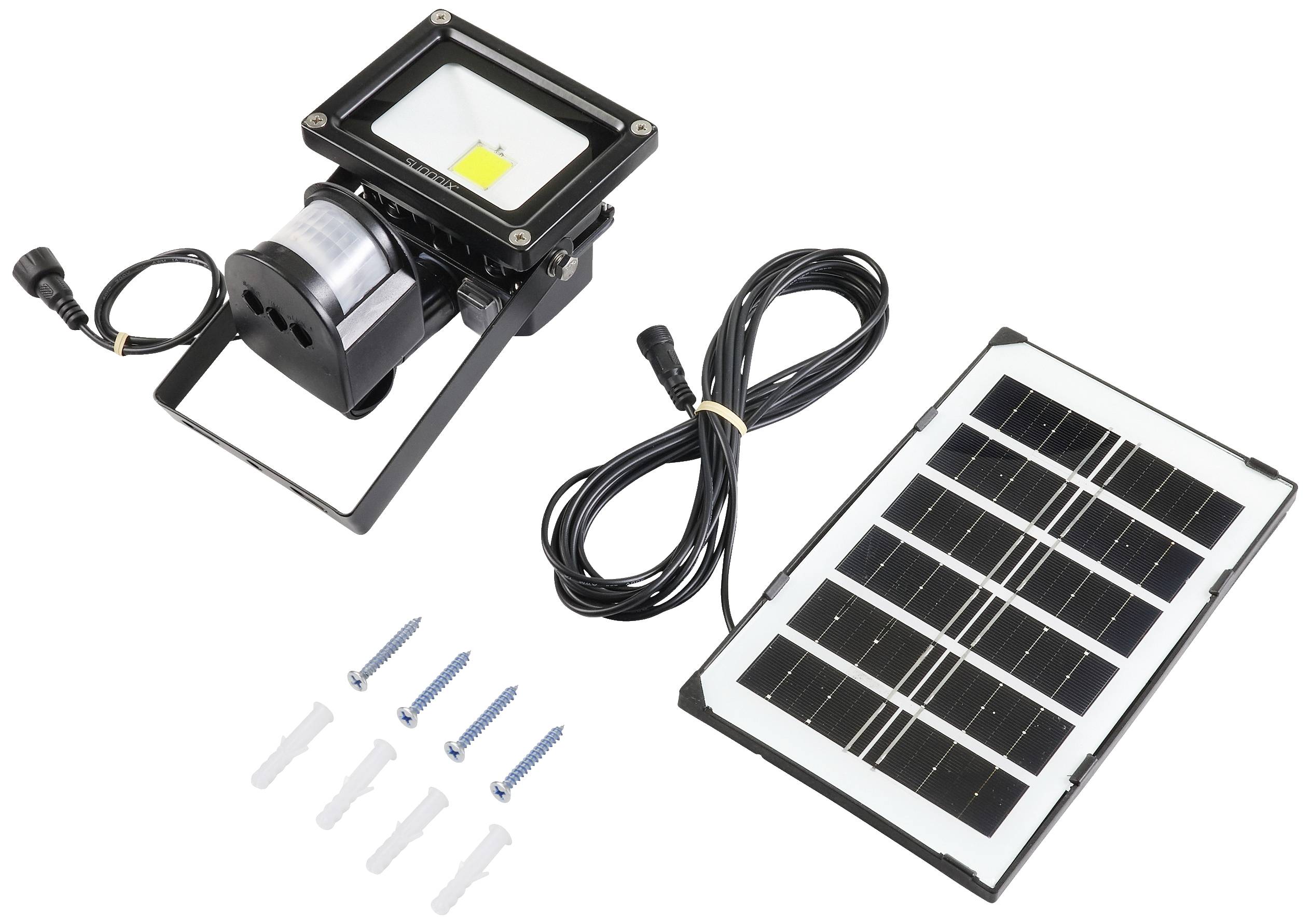 Solarlampe mit Bewegungsmelder und Solarpanel. Enthält Befestigungsmaterial und Kabel. Geeignet für umweltfreundliche Außenbeleuchtung.