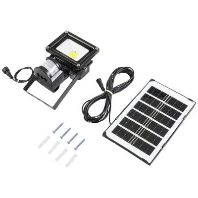 Solarlampe mit Bewegungsmelder und Solarpanel. Enthält Befestigungsmaterial und Kabel. Geeignet für umweltfreundliche Außenbeleuchtung.