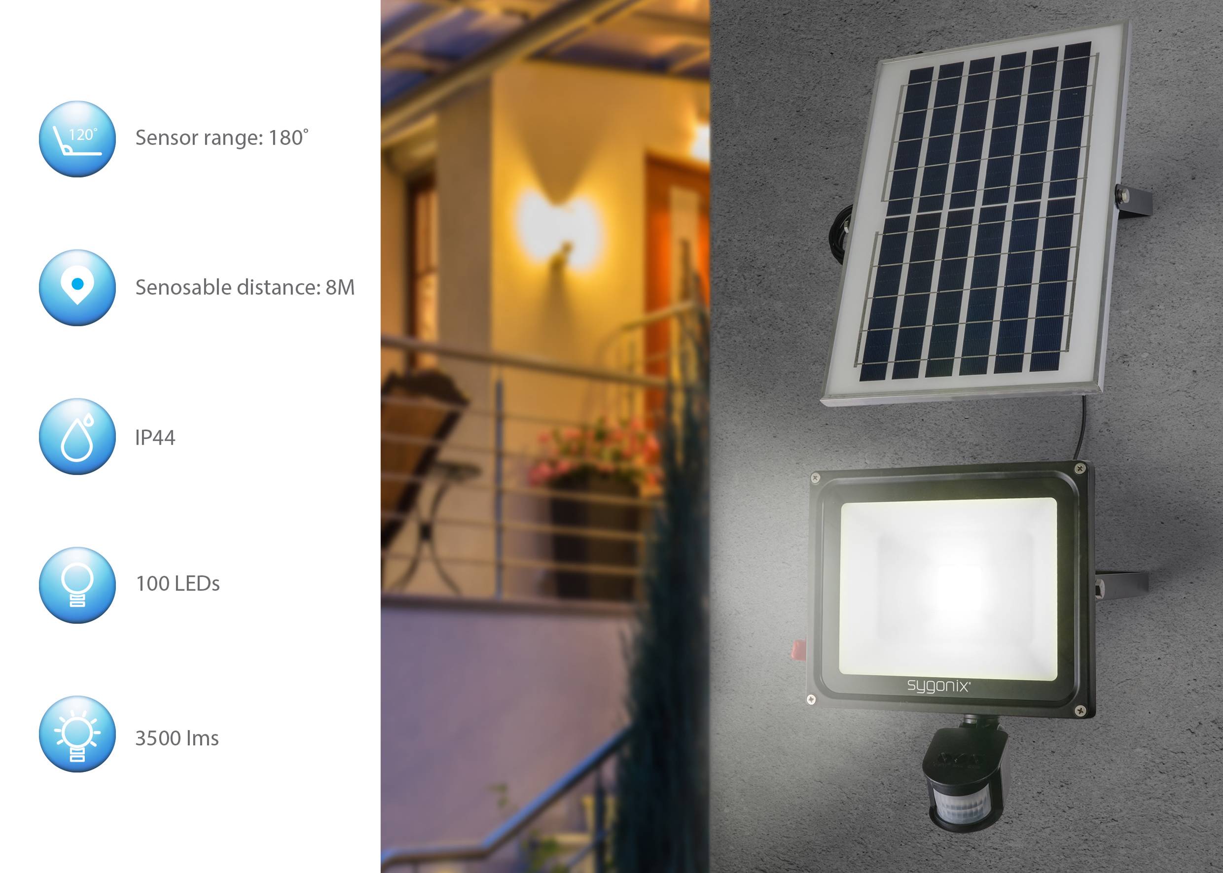 'Solarleuchte mit Bewegungssensor: 180° Erfassungswinkel, 8 m Reichweite, IP44, 100 LEDs, 3500 Lumen. Beleuchtet Terrasse nachts.'