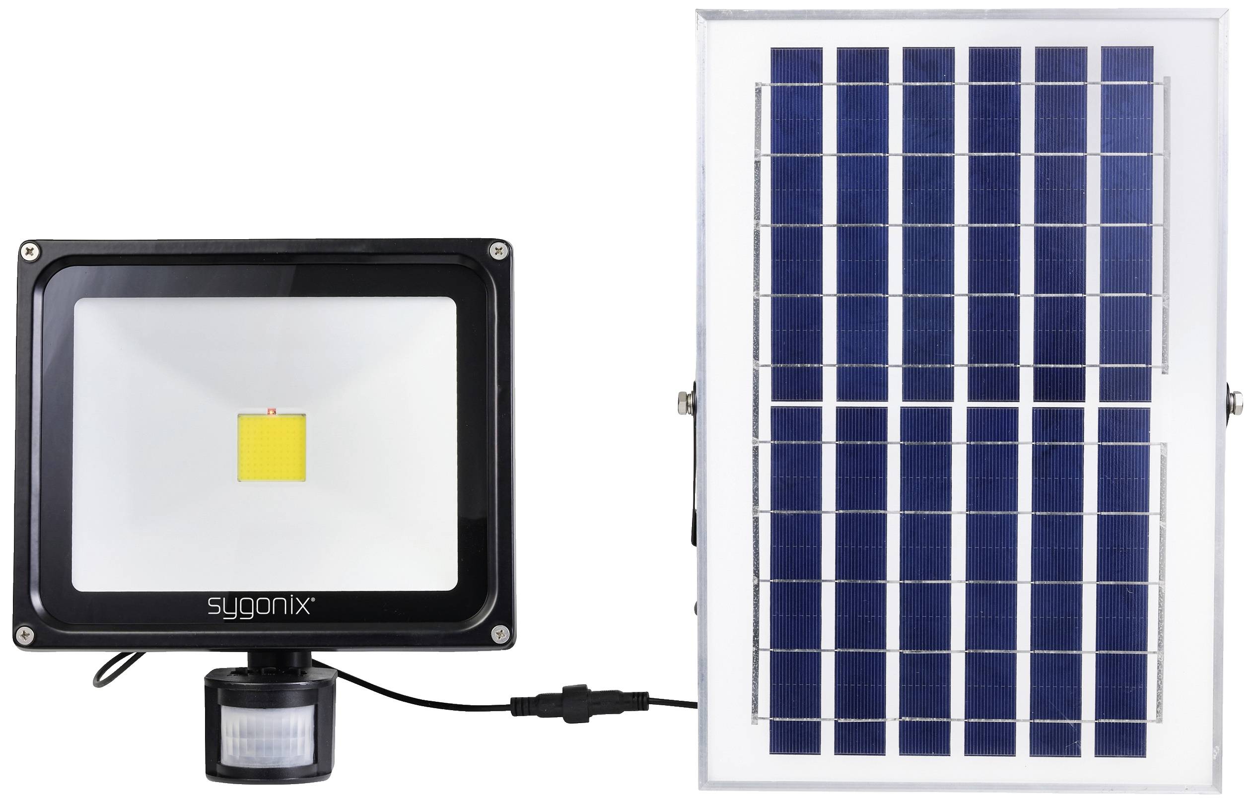 Eine rechteckige Solarlampe mit einem Solarpanel rechts daneben. Die Lampe hat einen Bewegungsmelder unten. Ideal für Außenbereiche.