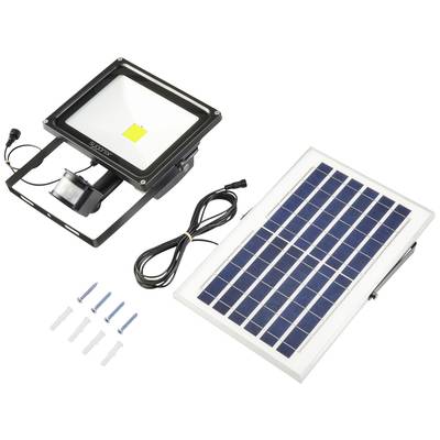 Flutlicht mit Solarpanel, Kabel und Montagematerial. Das Panel hat ein Rastermuster; Flutlicht hat Bewegungsmelder.