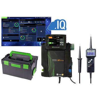 'IQ Service Prüfgerät' mit digitalem Display und Zubehör. Box zur Aufbewahrung mit grünen Akzenten.