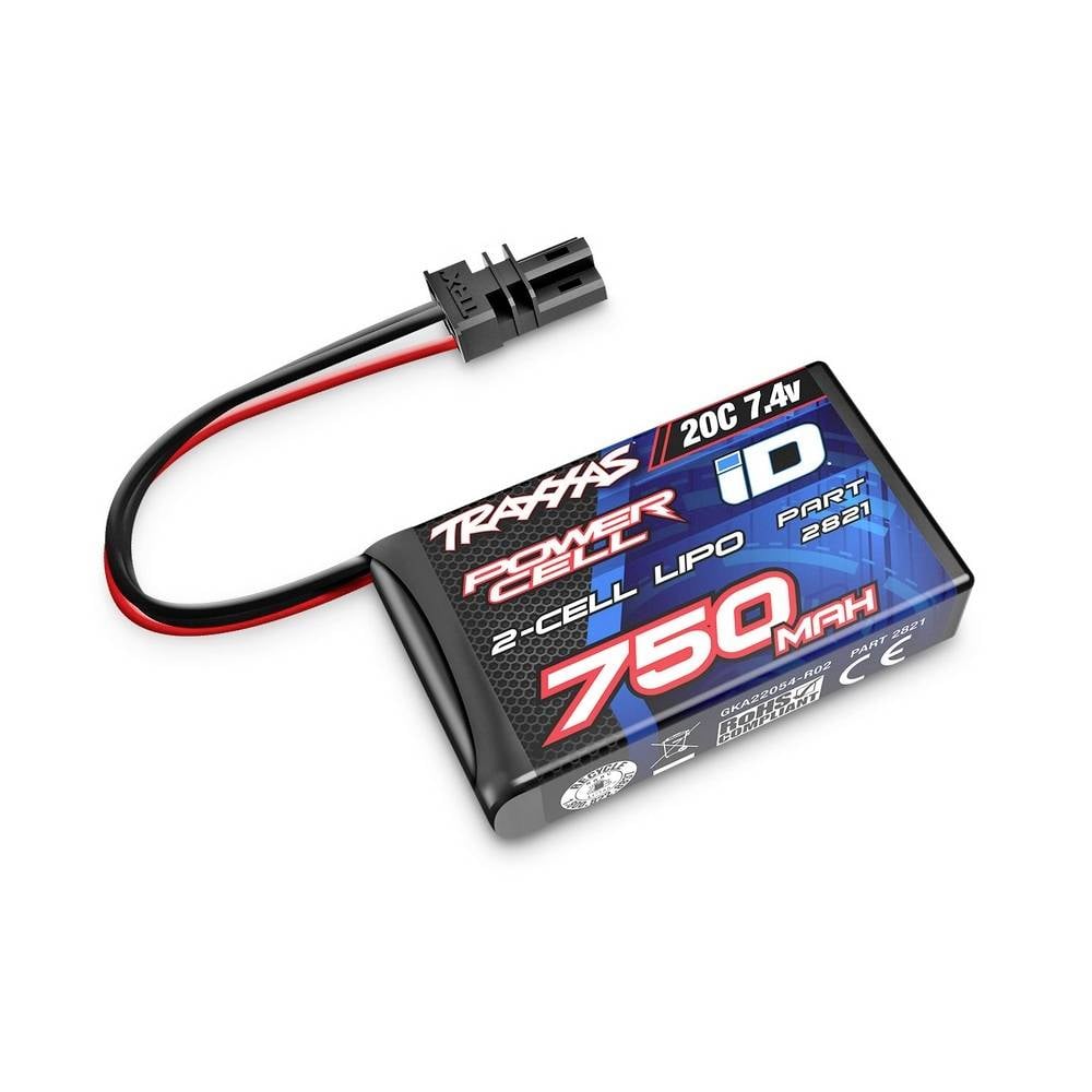 Ein Traxxas 750 mAh 2-Zellen LiPo-Akku mit ID-Stecker, 7,4V Spannung und 20C Entladungsrate.