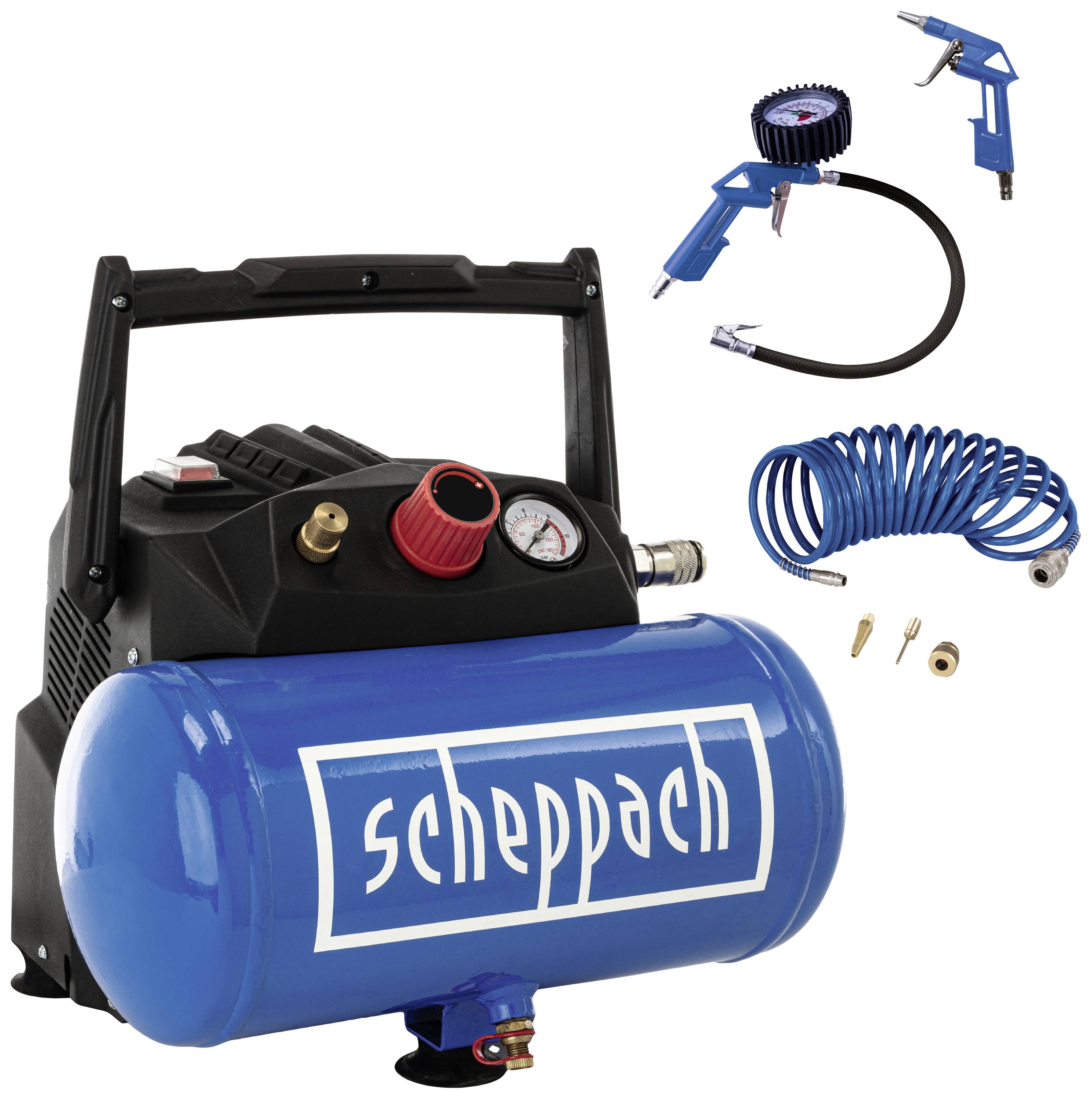 Blauer Scheppach-Kompressor mit Manometer und Zubehör: Schlauch, Druckpistole, Reifenfüller und Düsen. Geeignet für Heimwerkeranwendungen.