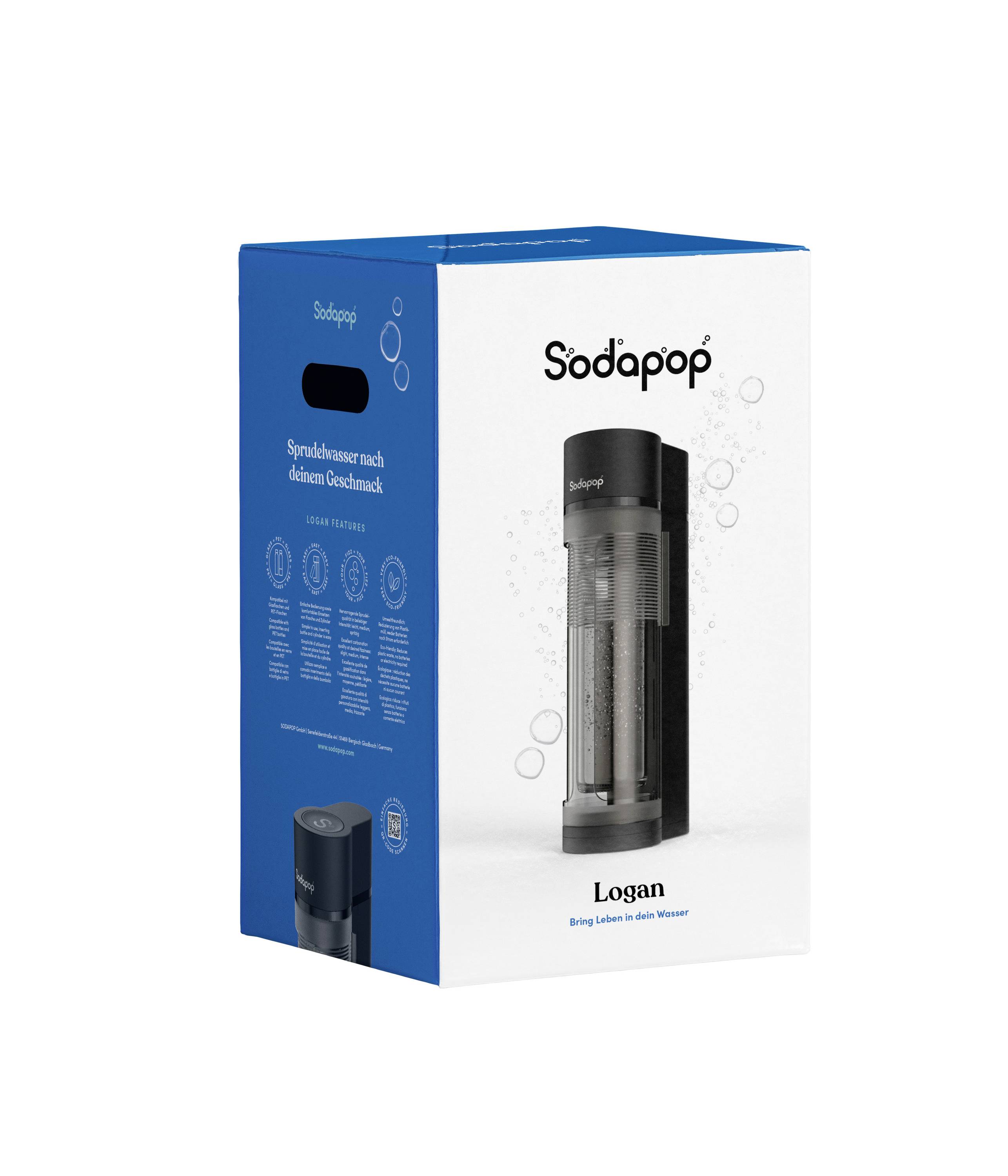 Eine rechteckige Verpackung eines Soda-Makers der Marke 'Sodapop', Modell 'Logan', dargestellt in Schwarz mit Produktbild und Markenlogo.