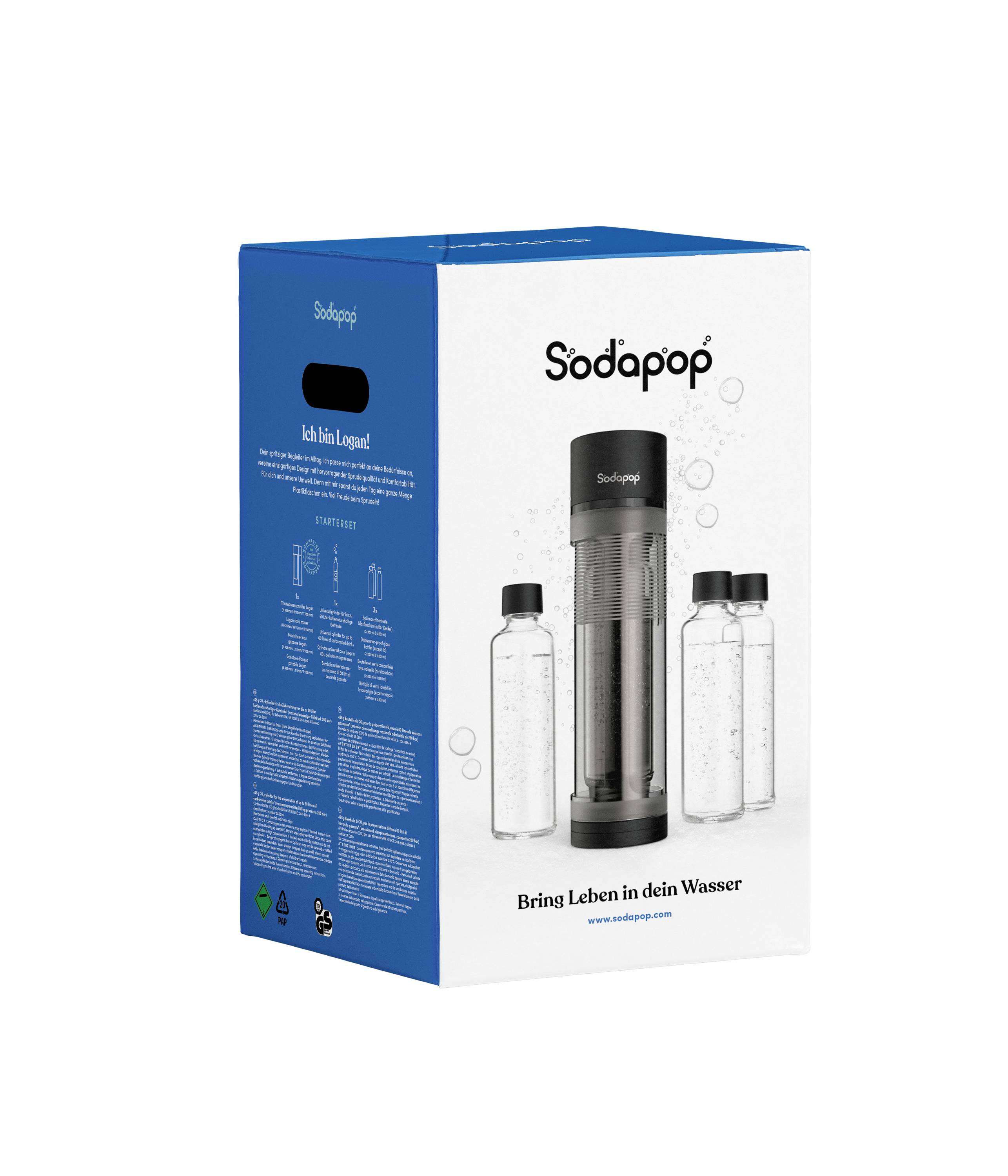 Verpackung eines Wassersprudlers der Marke Sodapop, mit drei Flaschen abgebildet. Slogan: 'Bring Leben in dein Wasser'.