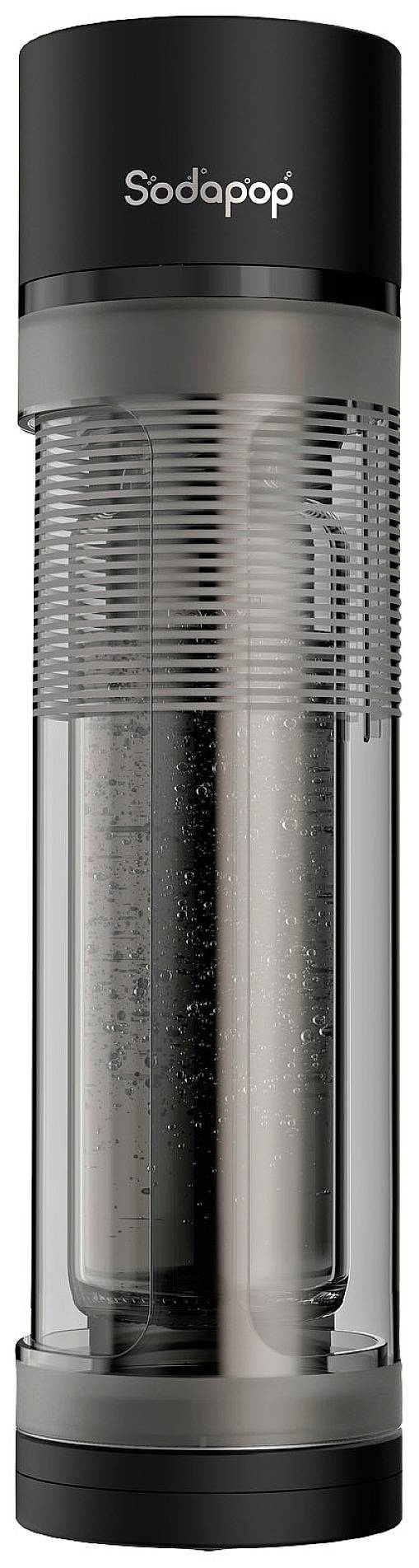 Sodastream-Flasche, schwarz-graues Design mit 'Sodapop'-Logo oben; zylindrisch, transparent, zeigt Sprudelwasser im Inneren.