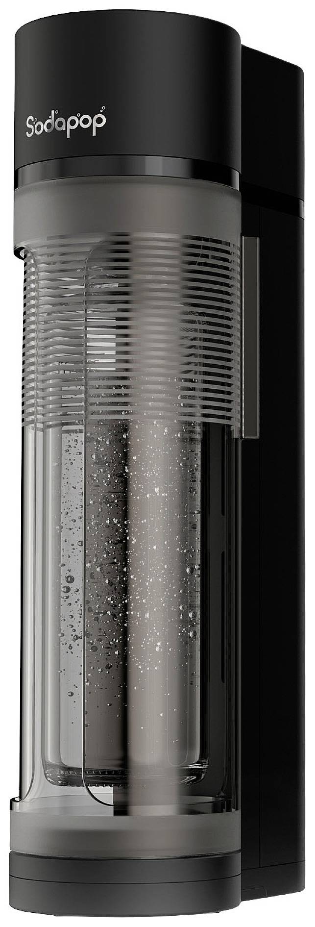 Schwarzer Soda-Sprudler mit durchsichtiger Flasche in der Halterung. Markierung 'Sodapop' oben links auf dem Gerät.