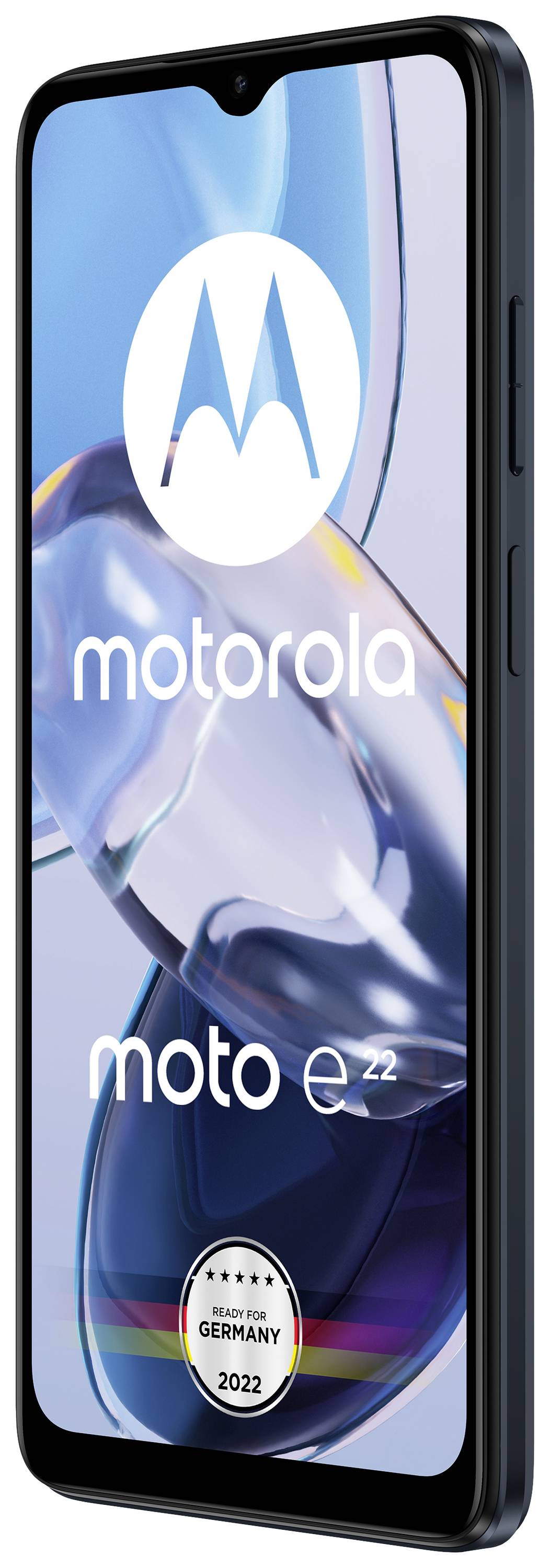 Ein Smartphone mit dem Logo 'motorola' und 'moto e22' auf dem Display. Unten ein Aufkleber: 'Test-Sieger Deutschland 2022'.
