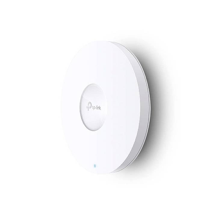 Ein weißer, runder WLAN-Access-Point von TP-Link zur Wandmontage, geeignet für Büros oder öffentliche Bereiche.
