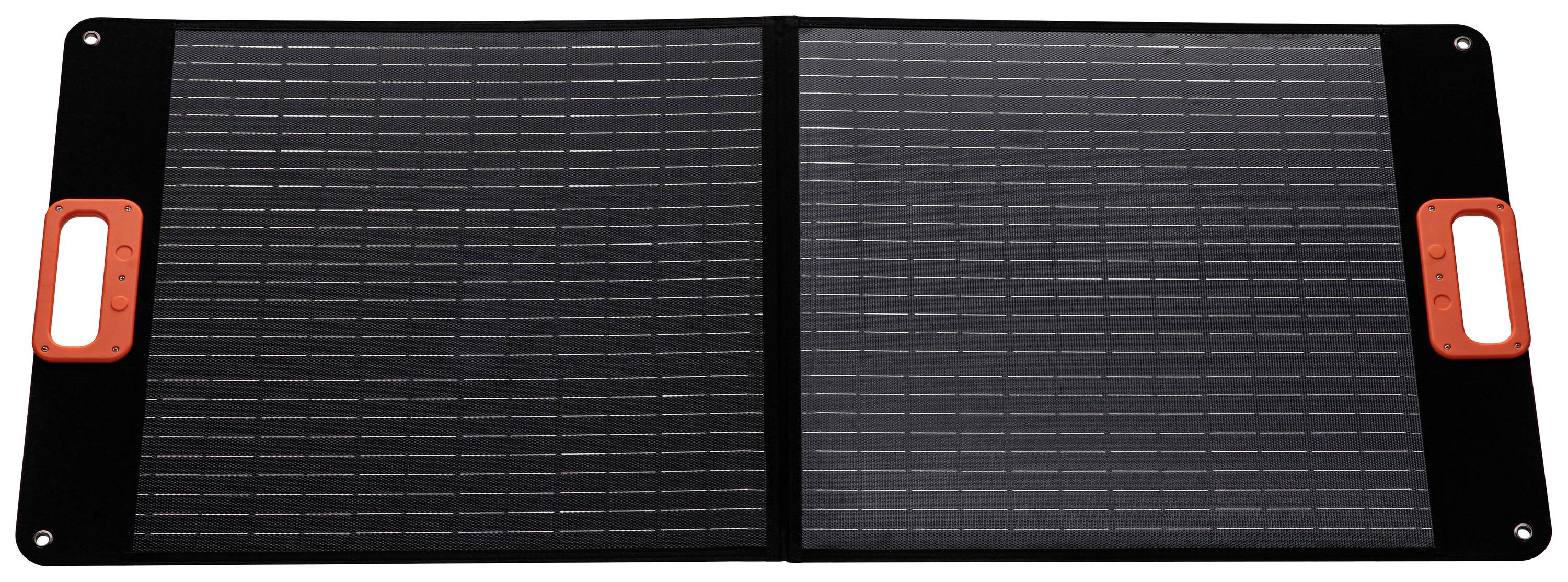 Tragbares Solarpanel mit zwei faltbaren Modulen und roten Griffen an den Rändern. Ideal für Reisen oder Camping zur Stromerzeugung.