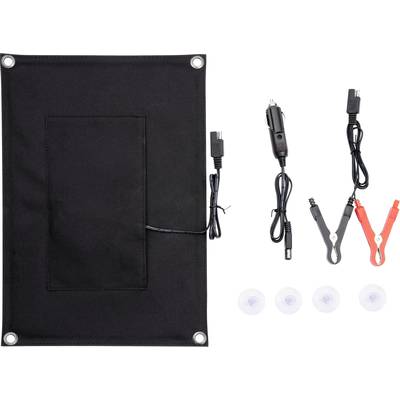 Schwarzes Solarpanel mit Zubehör: Kfz-Ladegerät, Klemmen, Kabel, und vier Saugnäpfe. Ideal zum Laden von Autobatterien.