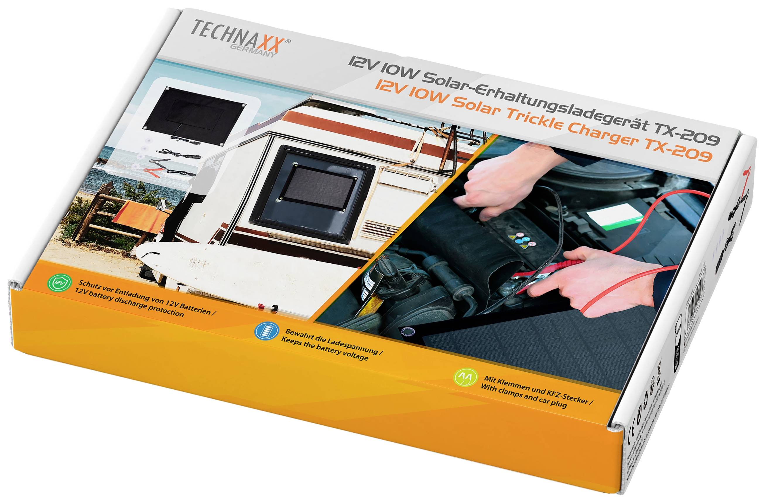 Verpackung eines 12V Solar-Erhaltungsladegeräts, Modell TX-209, mit Bildern eines Wohnmobils und einer Batterie. Geeignet für Solar-Ladung.