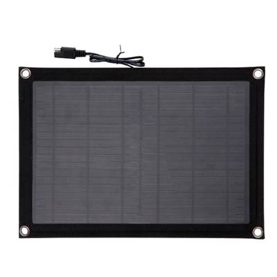 Tragbares Solarpanel in Rechteckform mit Befestigungsösen an den Ecken und einem angeschlossenen Kabel zum Aufladen von Geräten.
