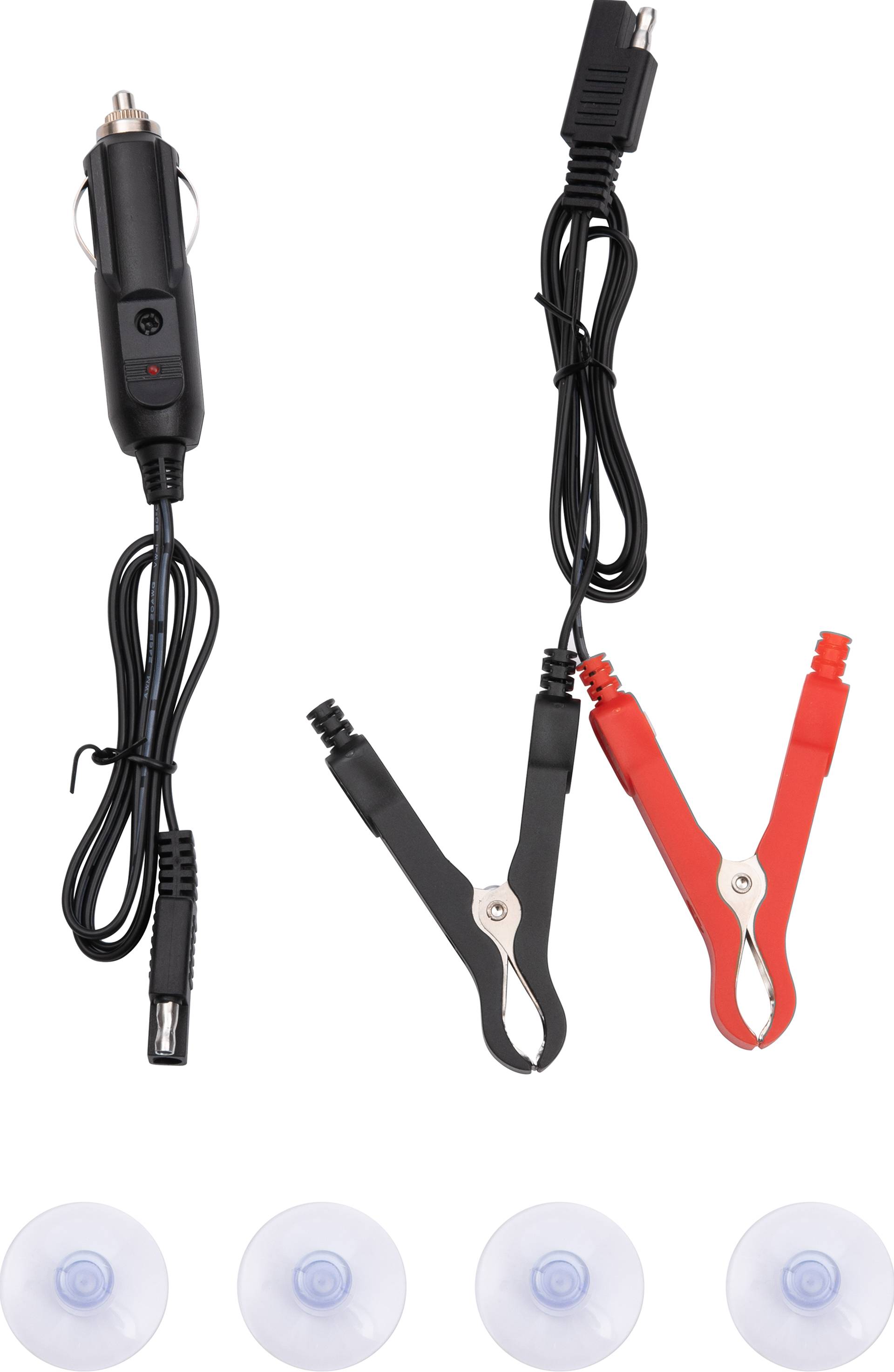 'Stromanschlusskabel mit Klemmenrot (positiv) und schwarz (negativ), Zigarettenanzünder-Stecker und vier Saugnäpfe.'