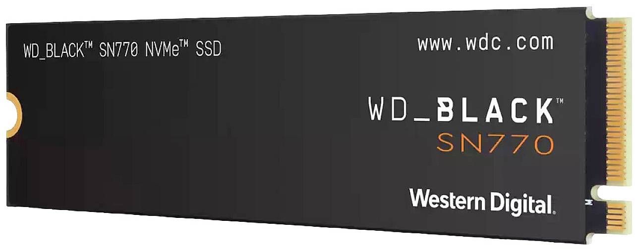 WD_BLACK SN770 NVMe SSD, schwarzer Speicherstick von Western Digital, mit Logo und Website-Adresse bedruckt.