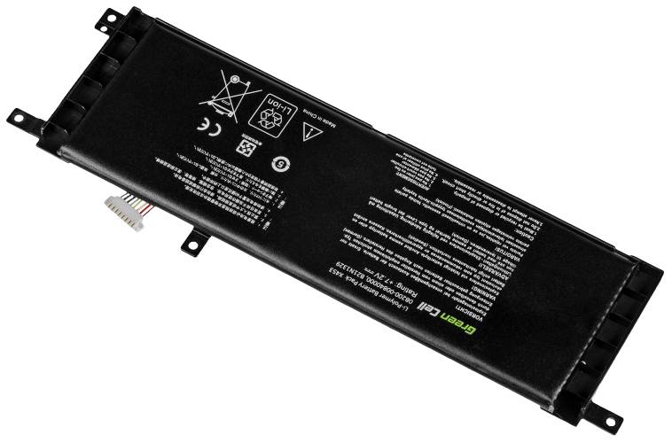 Ein rechteckiger Laptop-Akku mit Sicherheits- und Recycling-Symbolen auf der Oberfläche.