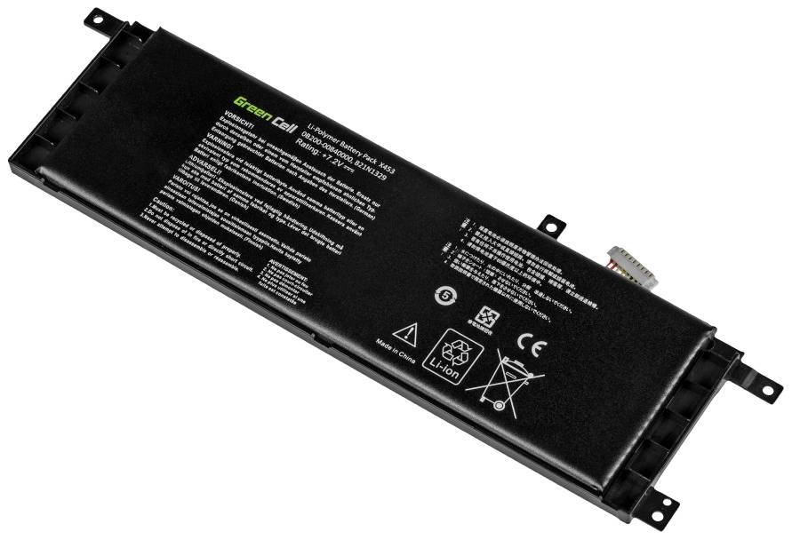 Laptop-Akku mit Aufschrift und Sicherheitshinweisen. Hersteller 'Green Cell', Modellnummer, und Recycling-Symbole sind sichtbar.