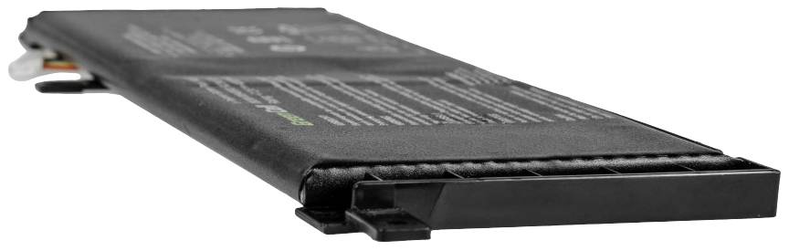 Ein dünner Laptop-Akku liegt seitlich auf weißem Hintergrund. Der Akku ist schwarz und scheint leicht gebogen zu sein.