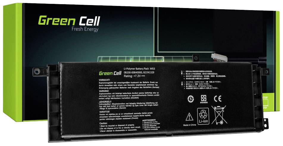 Laptop-Batterie von Green Cell mit 14,8 V und 2200 mAh Kapazität. Verpackung im Hintergrund zeigt Markennamen 'Green Cell'.