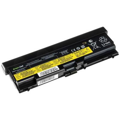 Ein schwarzer, rechteckiger Lithium-Ionen-Laptop-Akku mit gelbem Warnetikett und Recycling-Symbolen auf einer weißen Oberfläche.