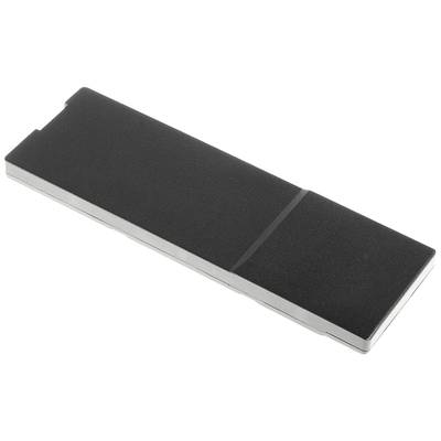 Schwarzer Metallblock in rechteckiger Form, flach mit glatter Oberfläche.