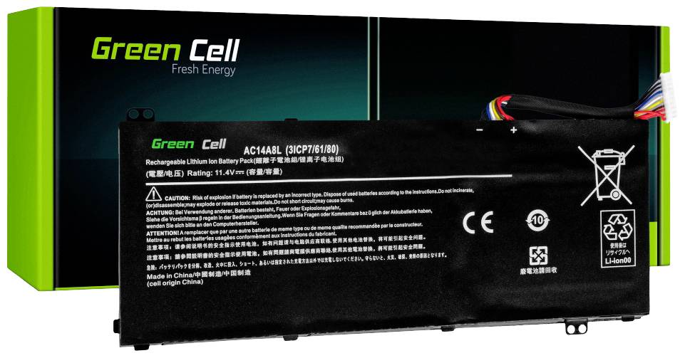 Ein rechteckiger, schwarzer Lithium-Ionen-Akku von Green Cell mit technischer Spezifikation und Hinweistext in mehreren Sprachen.