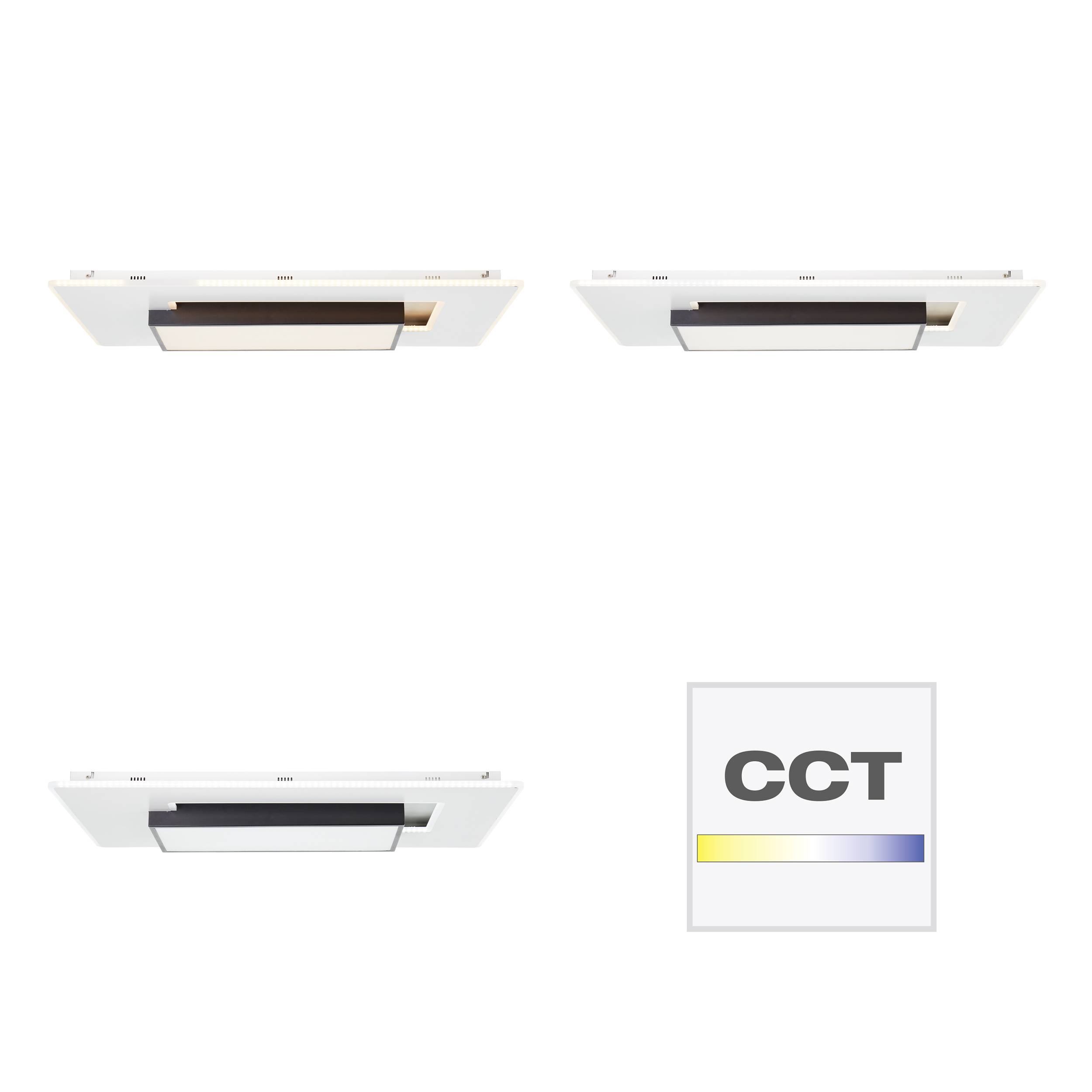 Drei Einbauleuchten in verschiedenen Lichtfarben, von warm bis kalt, daneben ein Symbol mit 'CCT' und Farbskala.