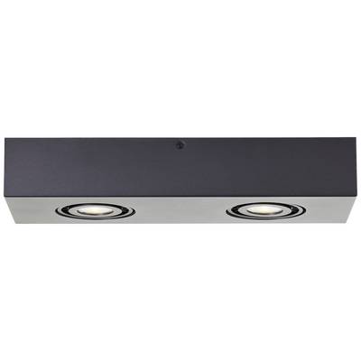 Schwarze rechteckige Deckenleuchte mit zwei runden, eingebauten LED-Spots.